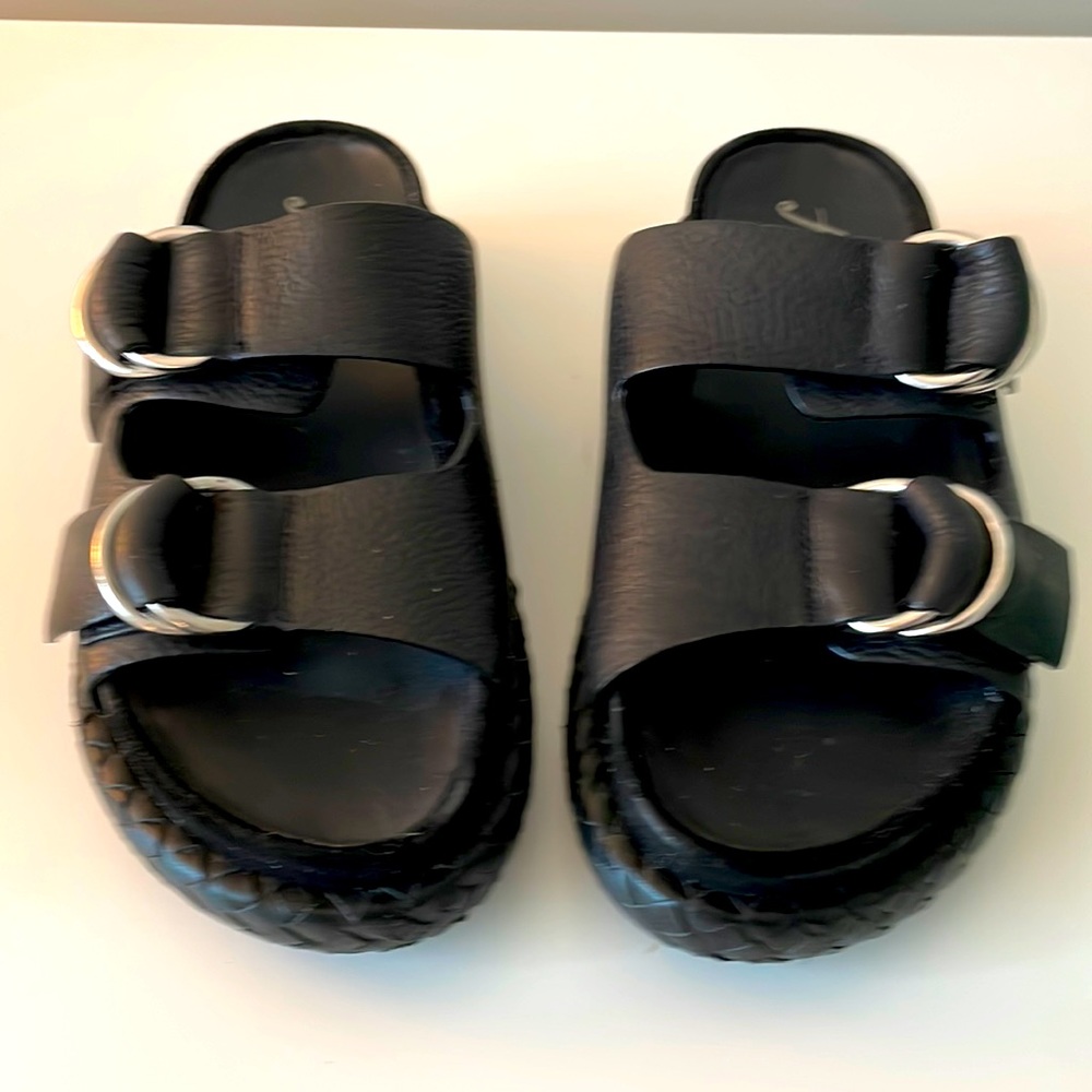 Free People Black Leather Platform Slides With Braided Leather Trim Size 37